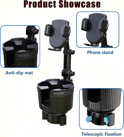 Stop the Console Clutter – 2-in-1 Car Cup Holder Phone Mount & Organizer｜Adjustable No-Adhesive Navigation Stand with Expandable Base for 2.56–3.94 in Round Cup Holders