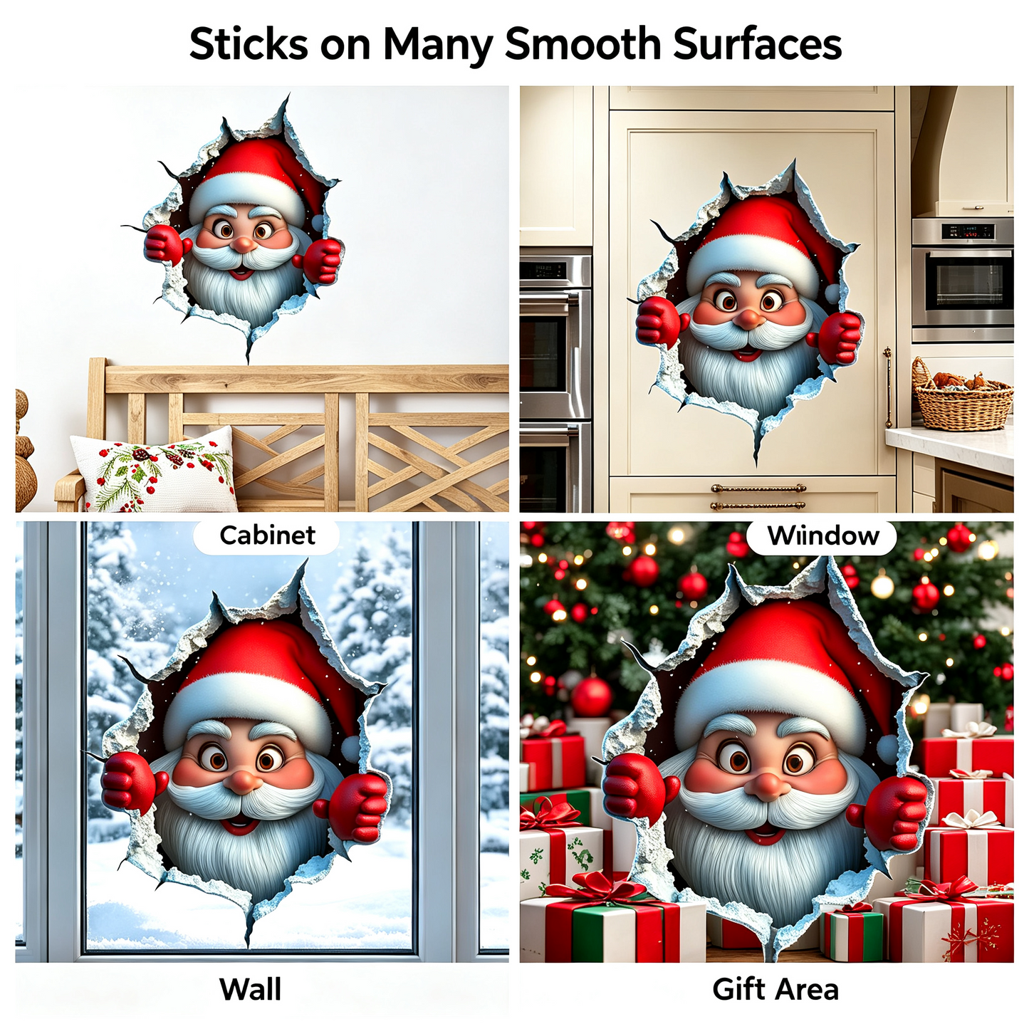 3PCS Festive Decor Santa Face Vinyl Stickers - Smooth 3D Illusion Figure Shape Peel-Off Pack 🎅