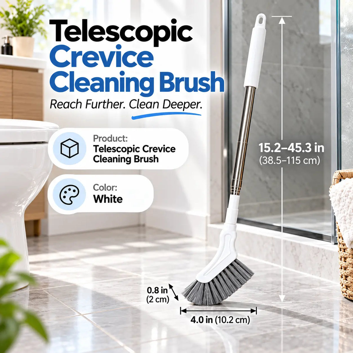Telescopic crevice cleaning brush reaching narrow household gaps