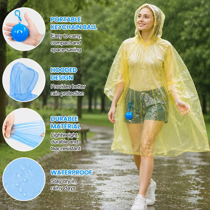 Random Color Disposable Hooded Rain Poncho, Waterproof Coat with Keychain Ball ☔