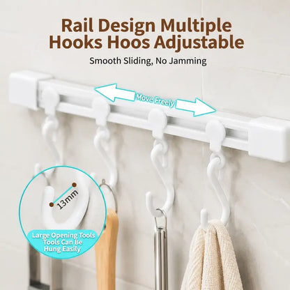 Adjustable 10-Hook Adhesive Slide Rail Wall Organizer, Hanging Storage Rack for Kitchen, Bathroom & Bedroom