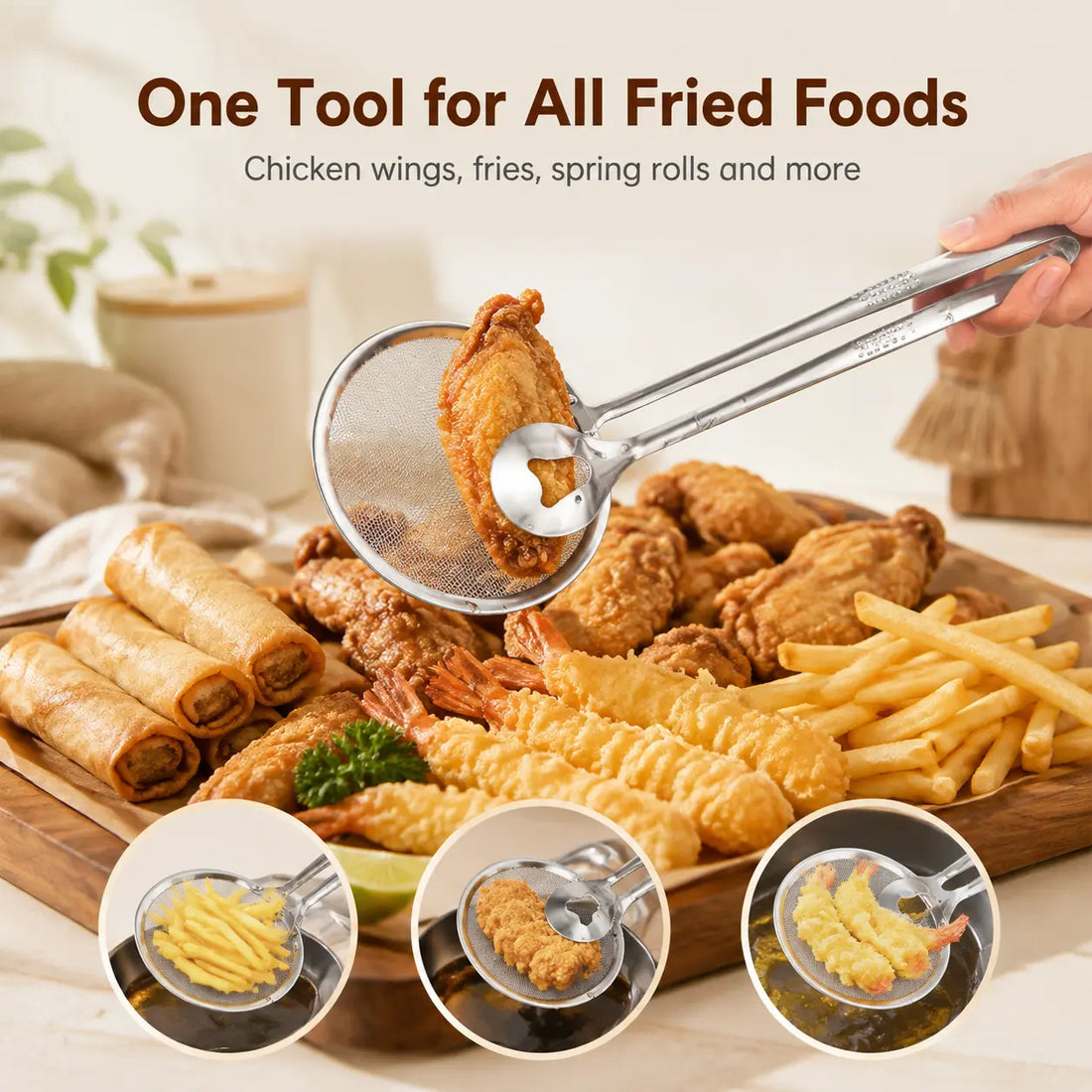 Tongs serving fries chicken and shrimp