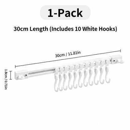 Adjustable 10-Hook Adhesive Slide Rail Wall Organizer, Hanging Storage Rack for Kitchen, Bathroom & Bedroom