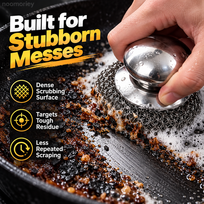 Heavy-Duty Stainless Steel Cast Iron Cleaner with Comfort Grip Knob – Rust-Resistant Wire Scrubber for Stubborn Grease & Pots