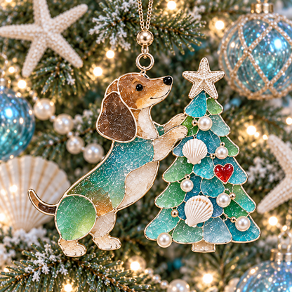 Coastal Christmas Dachshund Ornament Set – 6-Piece Stained Glass-Inspired Sea Glass Dog Christmas Tree Decorations, Gift for Dachshund Lovers