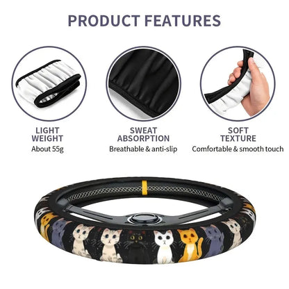 Cute Cat Pet-Themed Pattern, Single-Pack Car Steering Wheel Cover, Comfortable Grip 🐱