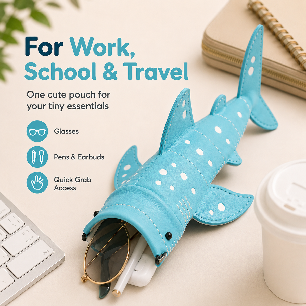 Shark glasses case for work school and travel