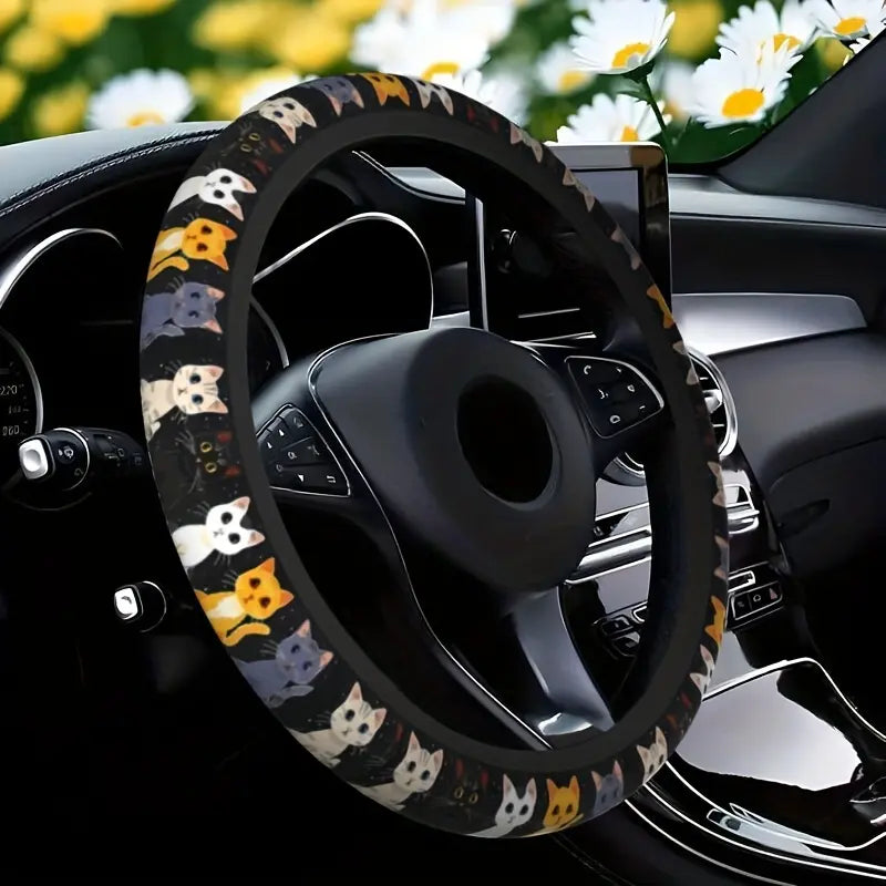 Cute Cat Pet-Themed Pattern, Single-Pack Car Steering Wheel Cover, Comfortable Grip 🐱