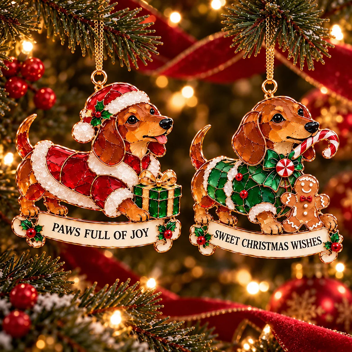 🐾🎄 Dachshund Christmas Ornaments Set Of 6 - Stained Glass Style