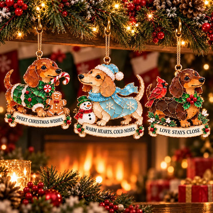 🐾🎄 Dachshund Christmas Ornaments Set Of 6 - Stained Glass Style