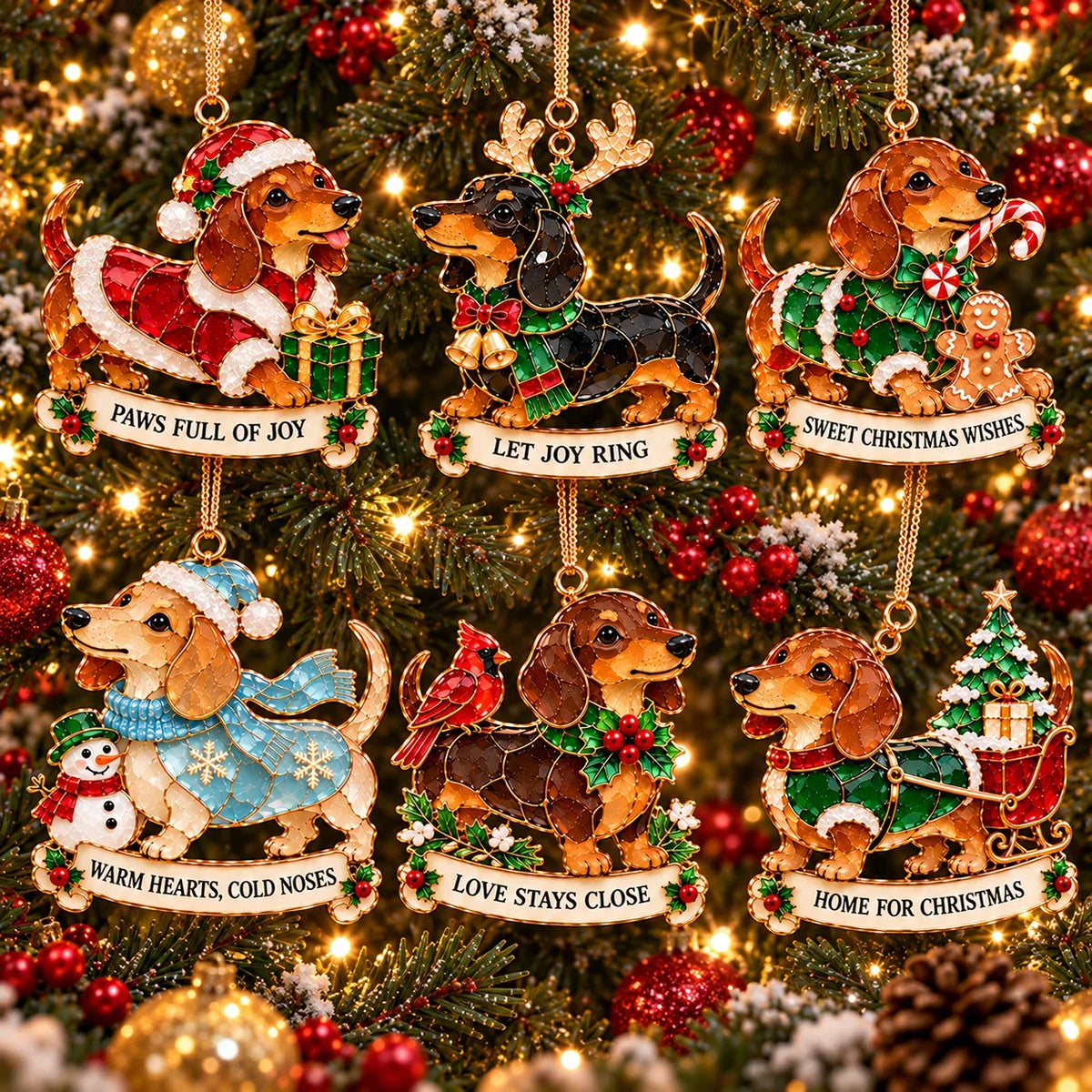 🐾🎄 Dachshund Christmas Ornaments Set Of 6 - Stained Glass Style