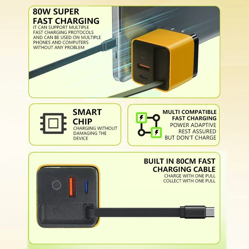 💥65w Fast Charging Phone Charger Block With Retractable 80cm Type-c Cable