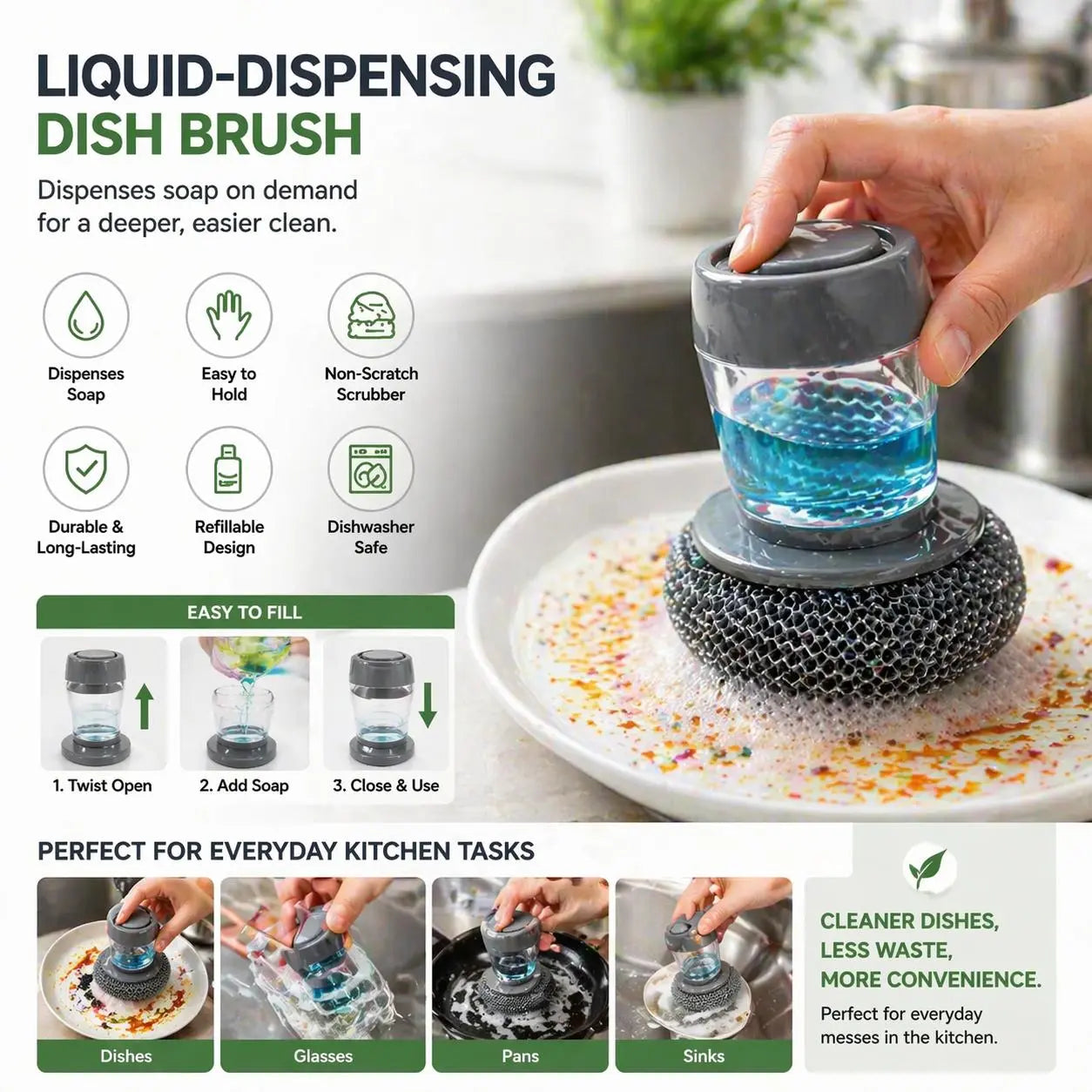 Plastic Auto-Dispense Dish Brush - Multifunctional Pot Scrubber🧼