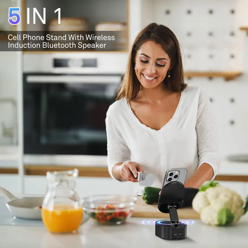 5-in-1 Wireless Induction Speaker Phone Stand – No Bluetooth Needed, LED Lights & Phone Charging