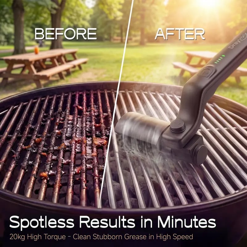 🔥2-in-1 Cordless Electric Grill Brush – High-Torque 3-Speed Motor, 7-Level Adjustable Angle, Steel Wire & Scouring Pad Heads, CSA-Certified for Grills & Pans.