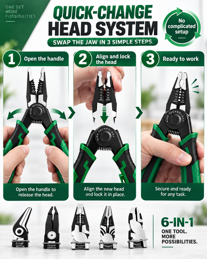 6-in-1 Interchangeable Head Pliers Set, Built-in 12-250V Voltage Detection, High Carbon Steel Multi Tool with Storage Case for Electrical Work, Home & Auto DIY