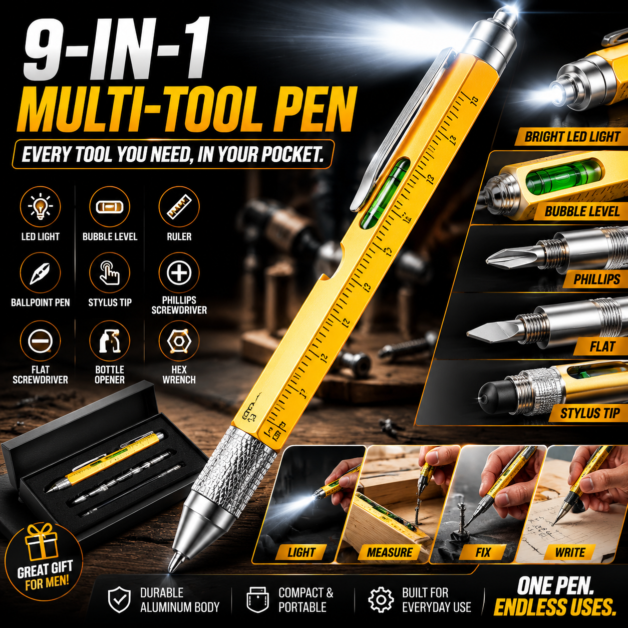 🖊️ 9-in-1 Multi-Tool Pen – LED Light, Screwdriver, Ruler & Stylus | Pocket EDC Gadget for Everyday Fixes