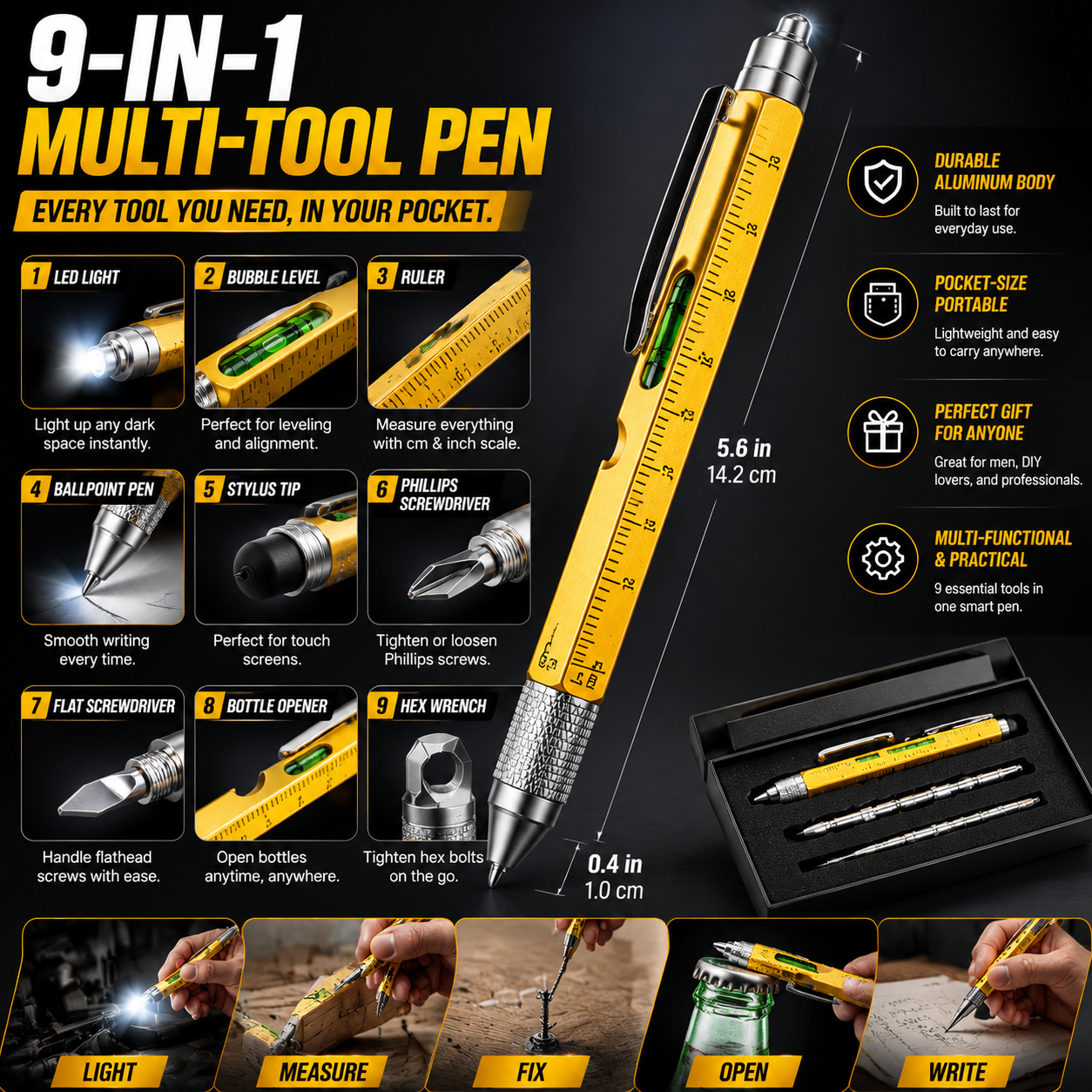 🖊️ 9-in-1 Multi-Tool Pen – LED Light, Screwdriver, Ruler & Stylus | Pocket EDC Gadget for Everyday Fixes