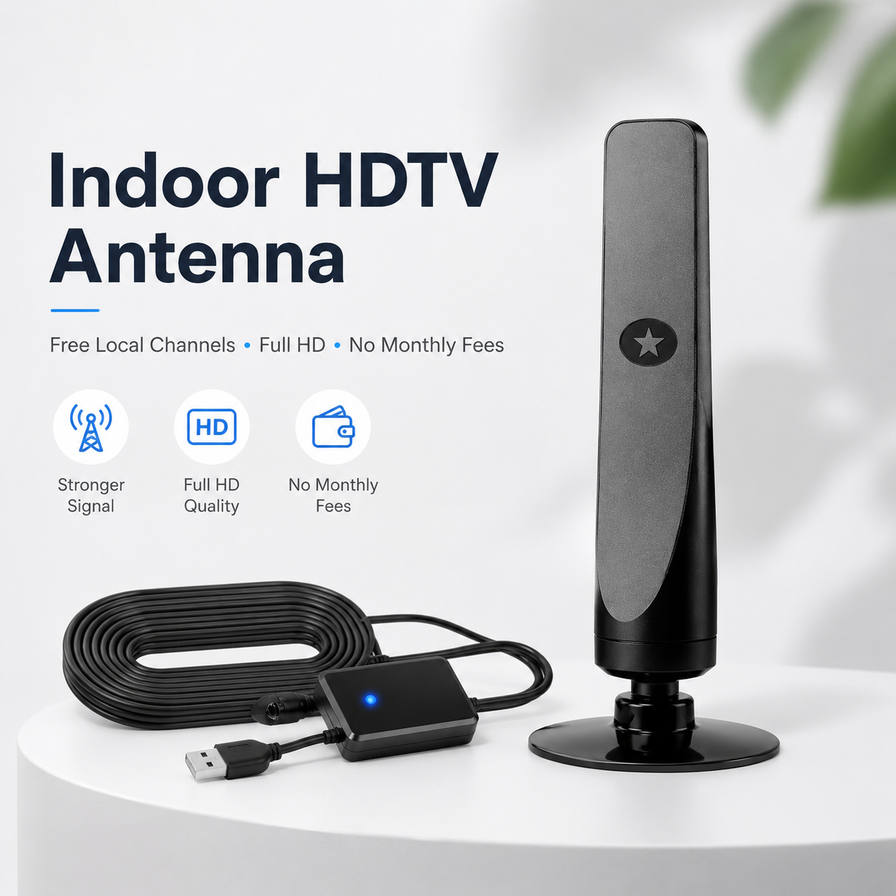 Indoor HDTV antenna with cable and signal booster
