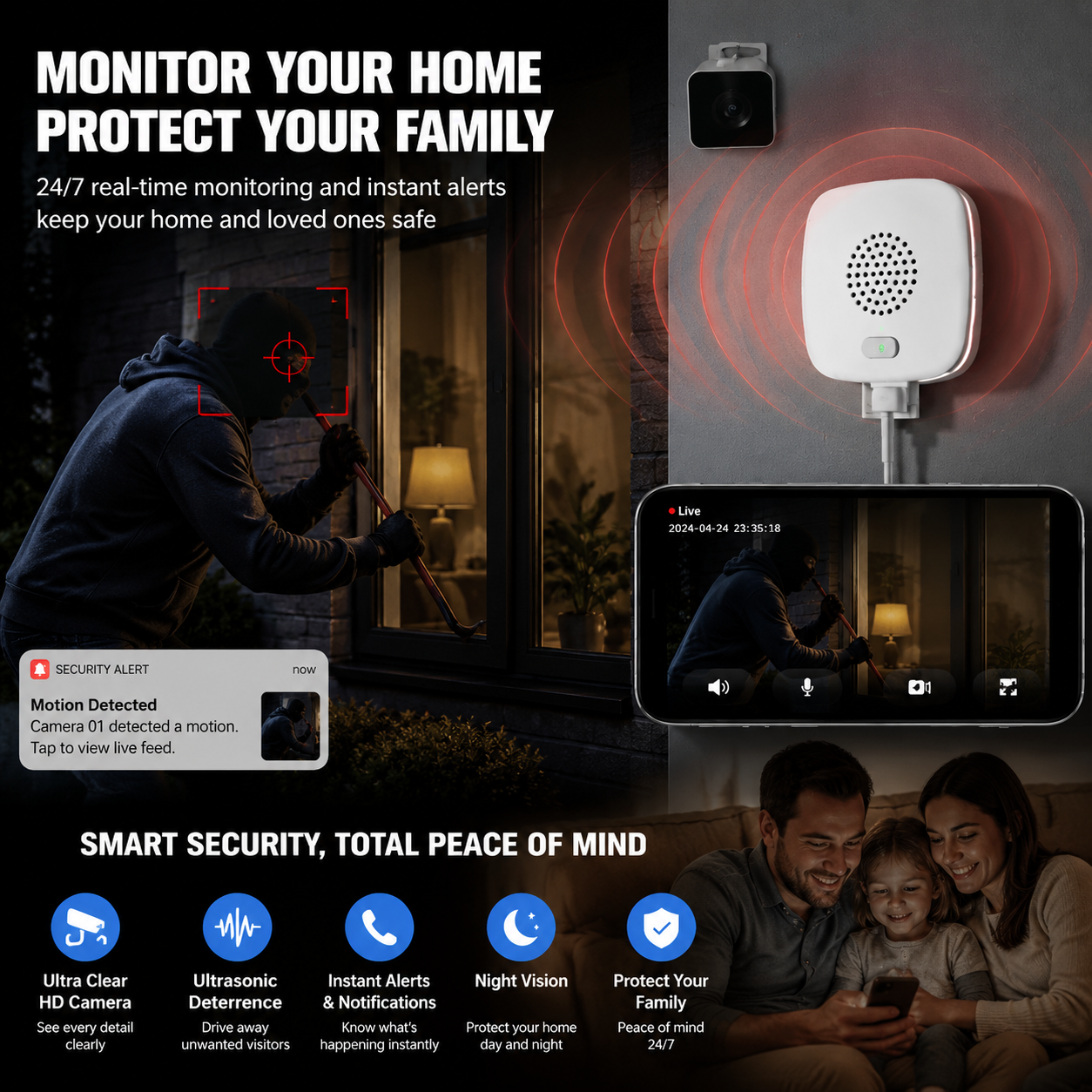 2K Dual-Function Security Camera | Home Monitor + Ultrasonic Repeller for Rats, Snakes & Stray Animals
