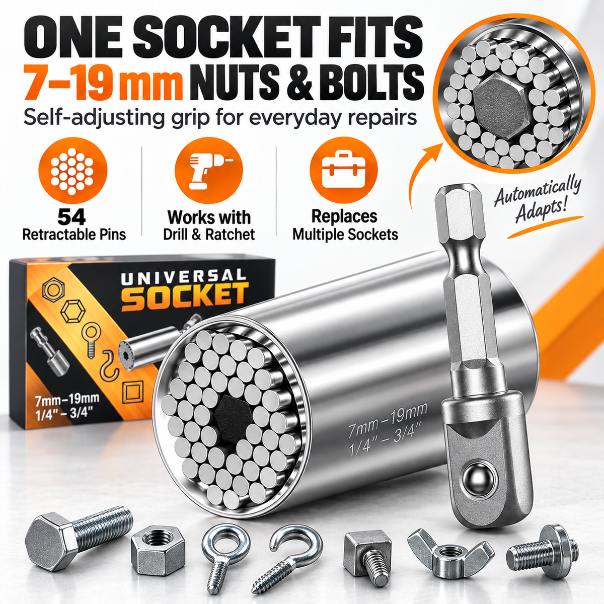 ⚙️ 7–19mm Universal Socket – Self-Adjusting Tool for Nuts & Bolts🧰