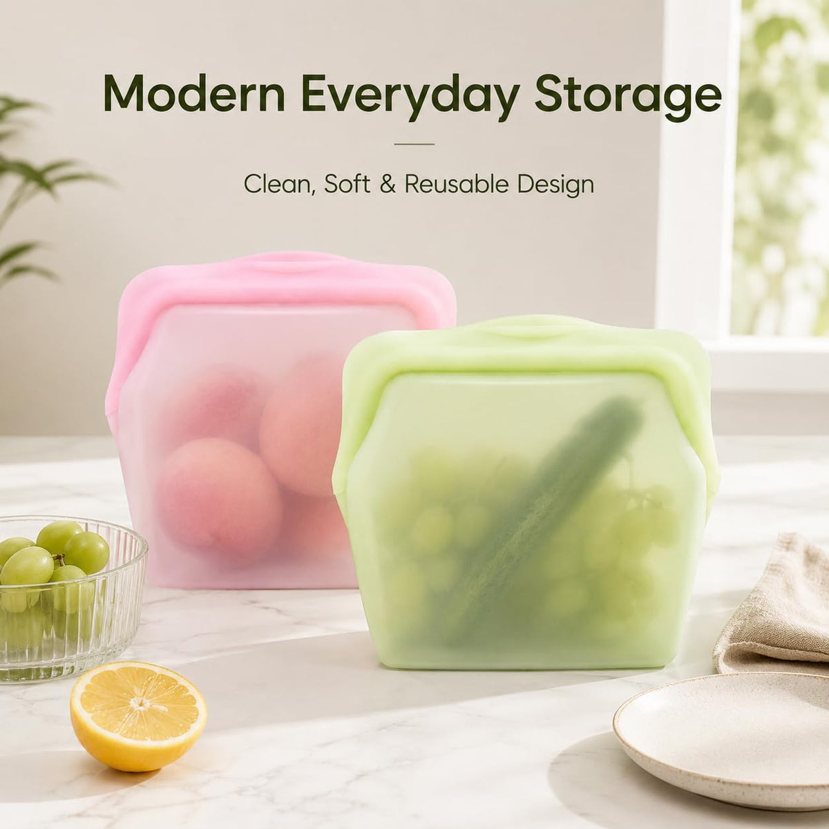 🛍️ 5 Pack Stand Up Silicone Food Storage Bags Leakproof