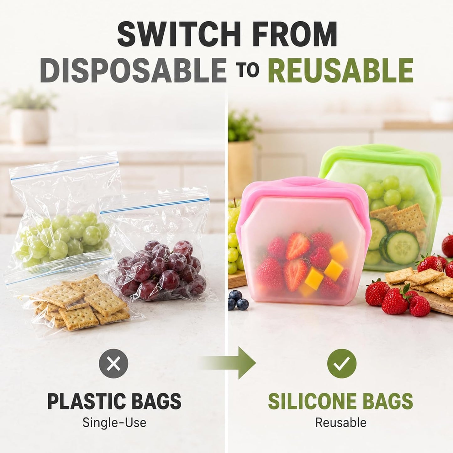 🛍️ 5 Pack Stand Up Silicone Food Storage Bags Leakproof