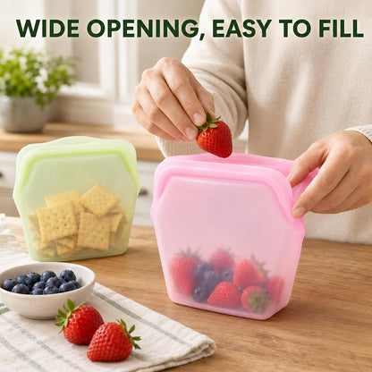 🛍️ 5 Pack Stand Up Silicone Food Storage Bags Leakproof