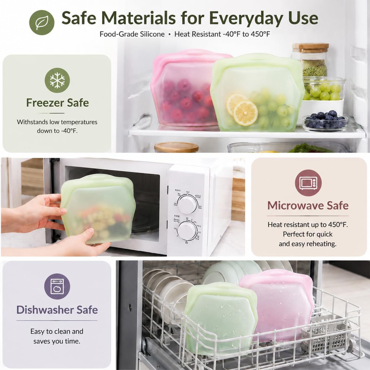 🛍️ 5 Pack Stand Up Silicone Food Storage Bags Leakproof