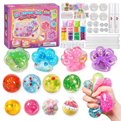 ✨ DIY Stress Ball Making Kit – 12PCS Squishy Maker Set with Beads, Glitter & Paw Molds