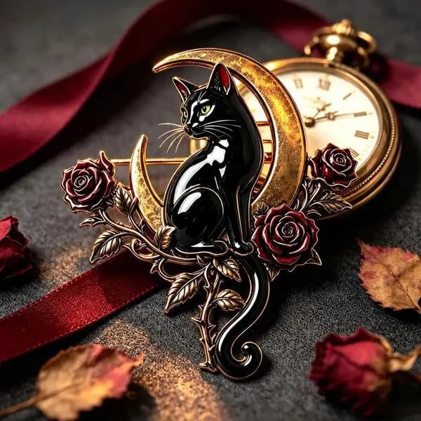 🐈‍⬛ Black Cat Crescent Moon Brooch--Wear a Little Midnight Magic🌙