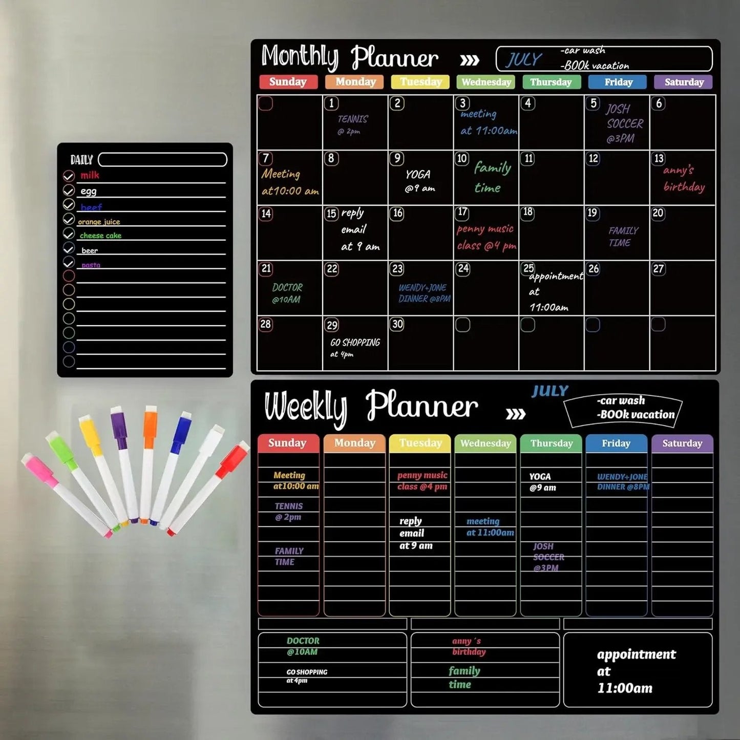 ✨Black Dry Erase Boards Set - 3 Magnetic Boards for Refrigerator, Monthly, Weekly Organizer & Daily Notepad 🧲