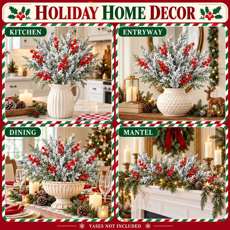 6 Pcs Artificial Frosted Christmas Pine-Cedar Stems with Red Berries, Snowy Evergreen Picks 💐