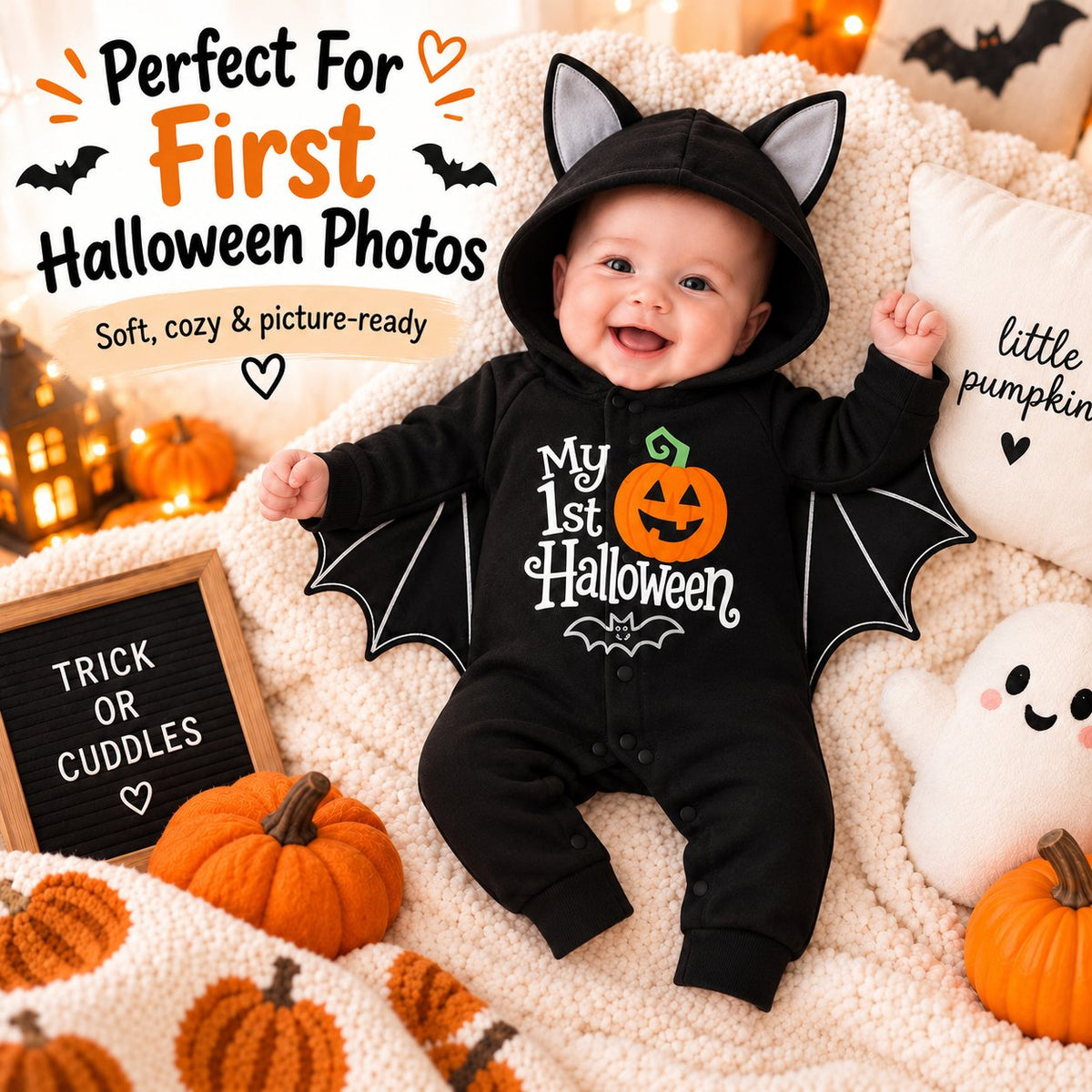 🎃🦇 Baby’s First Halloween Bat Romper – An Adorable Outfit for Little Spooky Memories