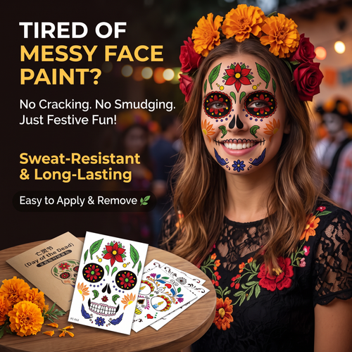 Mexican Dia De Los Muertos Temporary Face Tattoos - Sugar Skull Floral Face Decals 🎭