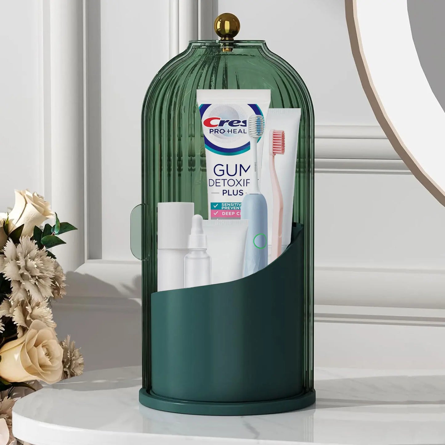 360° Rotating Clear Toothbrush Holder with Transparent Door – Countertop Bathroom Vanity Organizer (1-Pack)