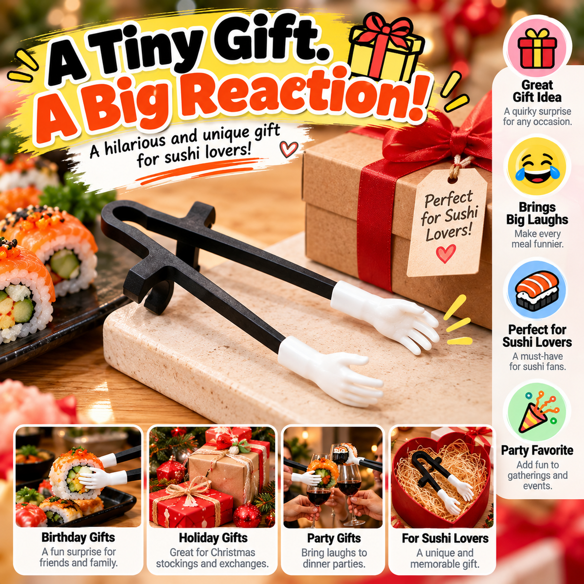 😂 Funny Tiny Hands Sushi Chopsticks – Hilarious Mini Hand Food Grabber for Sushi Lovers & Party Gifts