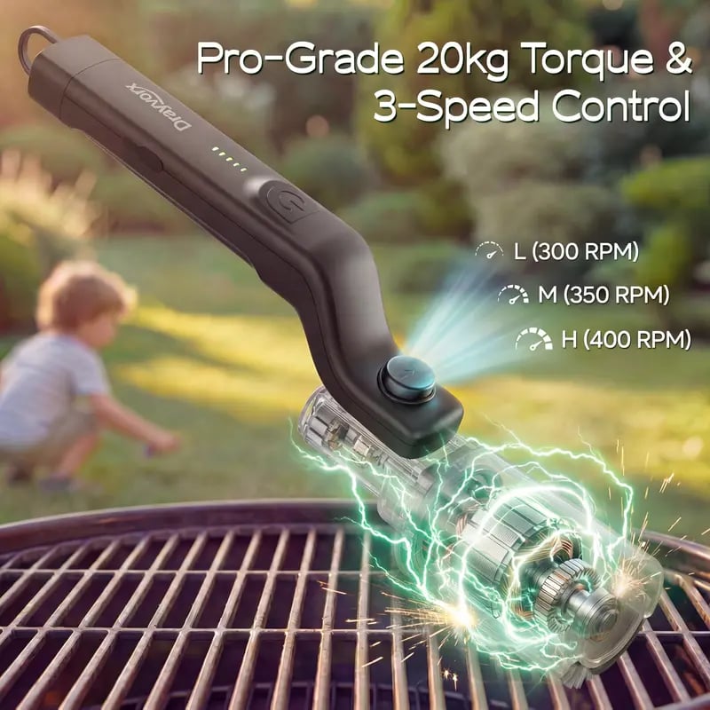 🔥2-in-1 Cordless Electric Grill Brush – High-Torque 3-Speed Motor, 7-Level Adjustable Angle, Steel Wire & Scouring Pad Heads, CSA-Certified for Grills & Pans.