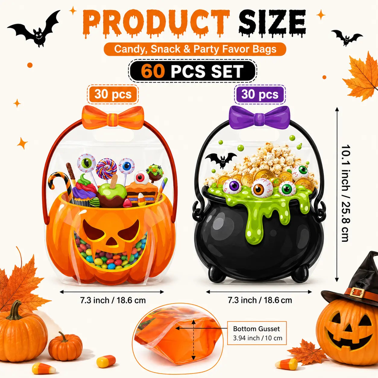 12/24/36/48/60 Pcs Halloween Plastic Goodie Bags, Trick or Treat Candy Bags🎃🍬