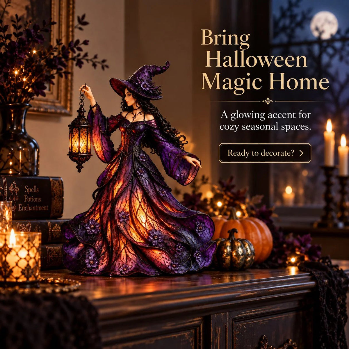 🧙 Gothic Witch Lantern Figurine | Warm LED Glow for Shelves, Mantels & Halloween Displays 🎃