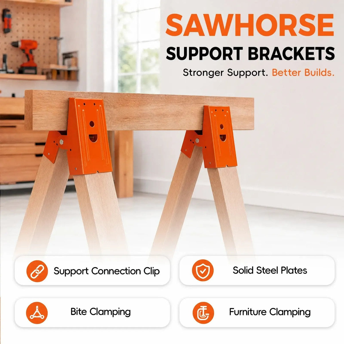 2-PACK Heavy Duty Sawhorse Brackets with Down Clamp – Adjustable Fast Fixed Clip for Woodworking, DIY Projects & Jobsite Cutting