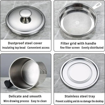 1-Count Stainless Steel Kitchen Oil Dispenser Container – Strainer & Tray Oil Can