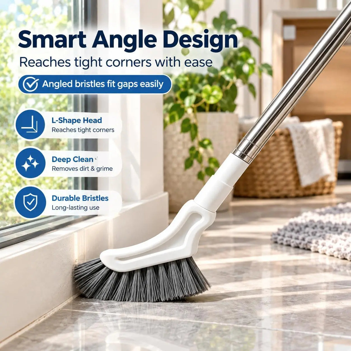 Angled crevice brush head reaching into a tight floor corner