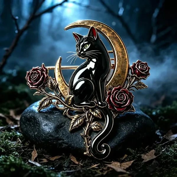 🐈‍⬛ Black Cat Crescent Moon Brooch--Wear a Little Midnight Magic🌙
