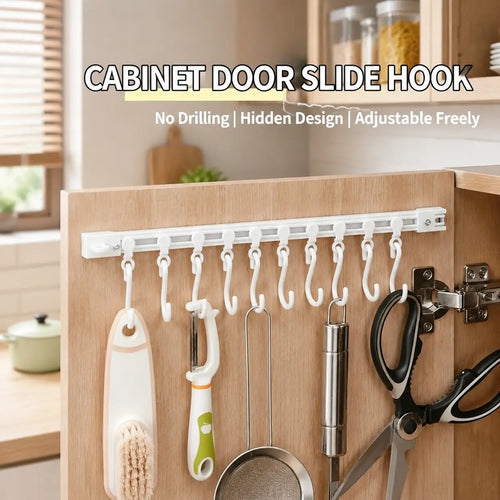 Adjustable 10-Hook Adhesive Slide Rail Wall Organizer, Hanging Storage Rack for Kitchen, Bathroom & Bedroom