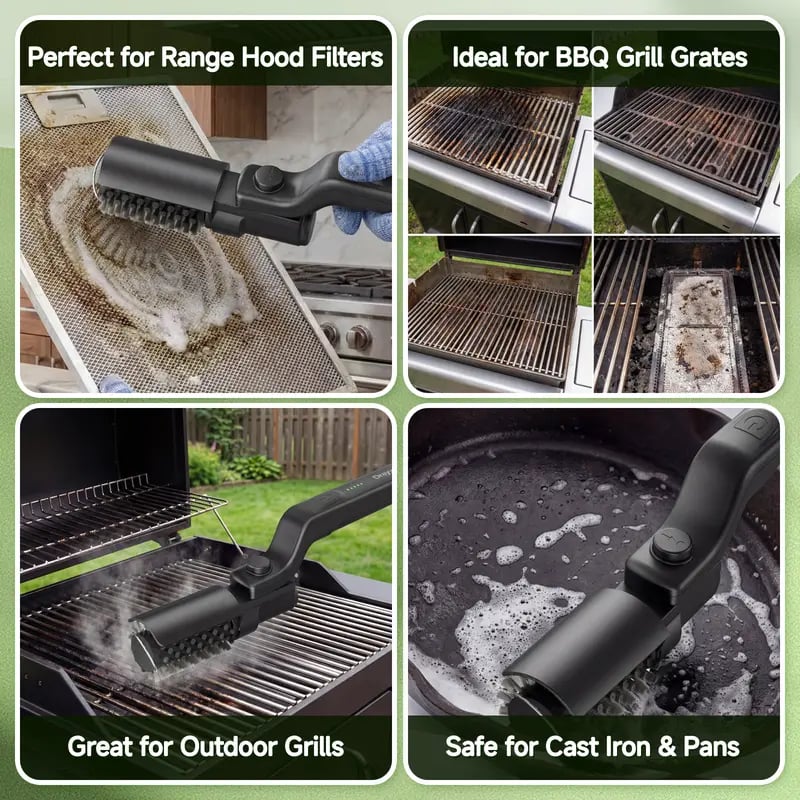 🔥2-in-1 Cordless Electric Grill Brush – High-Torque 3-Speed Motor, 7-Level Adjustable Angle, Steel Wire & Scouring Pad Heads, CSA-Certified for Grills & Pans.