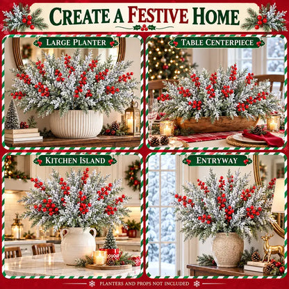 6 Pcs Artificial Frosted Christmas Pine-Cedar Stems with Red Berries, Snowy Evergreen Picks 💐