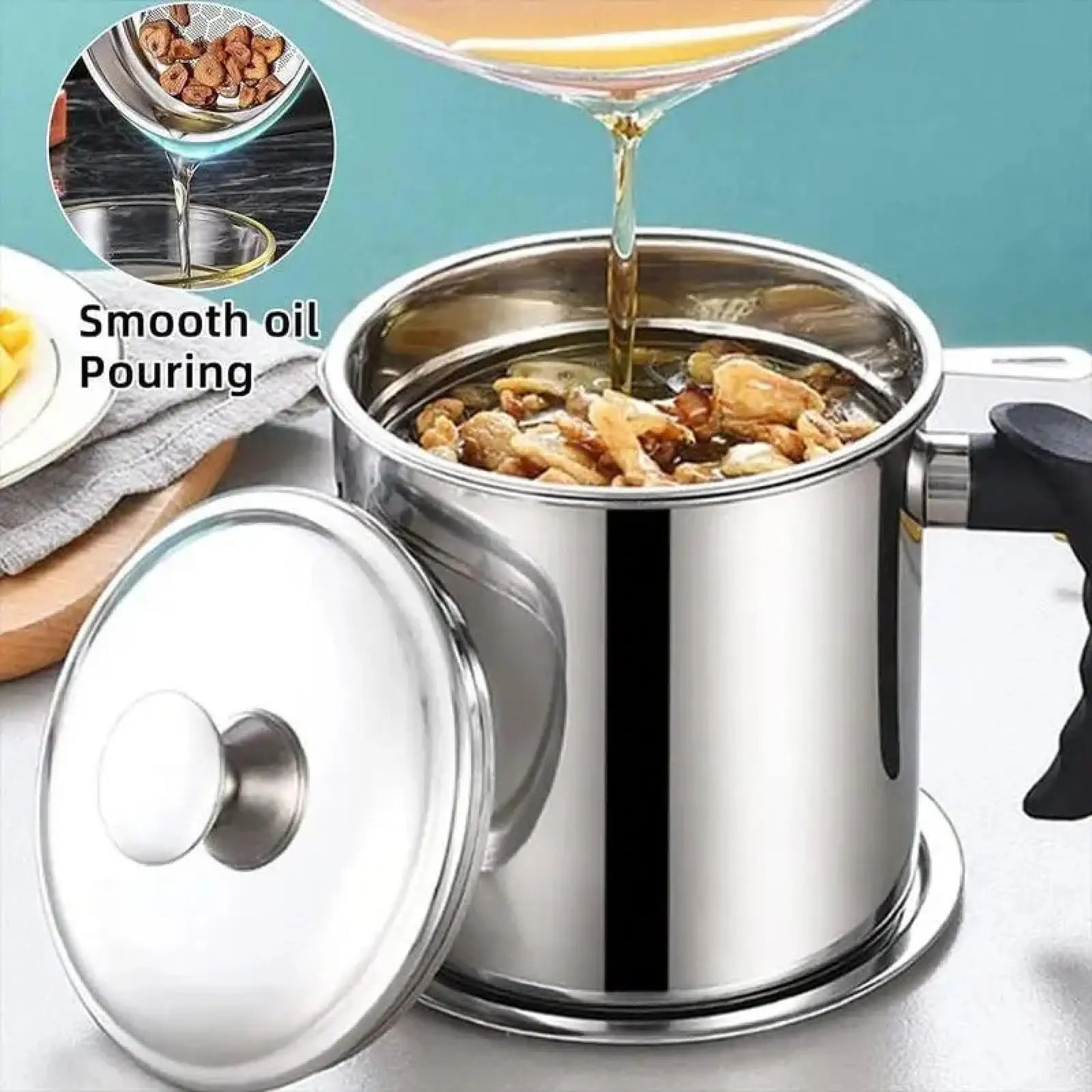 1-Count Stainless Steel Kitchen Oil Dispenser Container – Strainer & Tray Oil Can