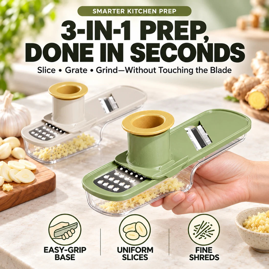 ✨3-in-1 Ginger & Garlic Slicer, Grater & Grinder – Fast, Safe Meal Prep🧄