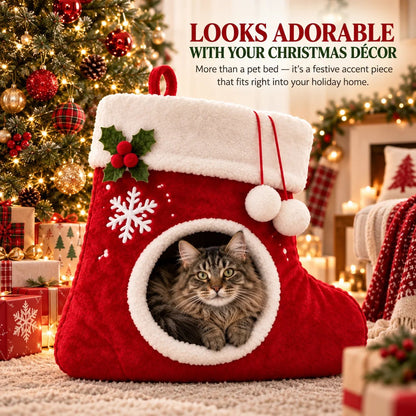 🎄 Christmas Stocking Cat Bed – Ultra-Soft Sherpa Cozy Hideaway for Cats 🐱